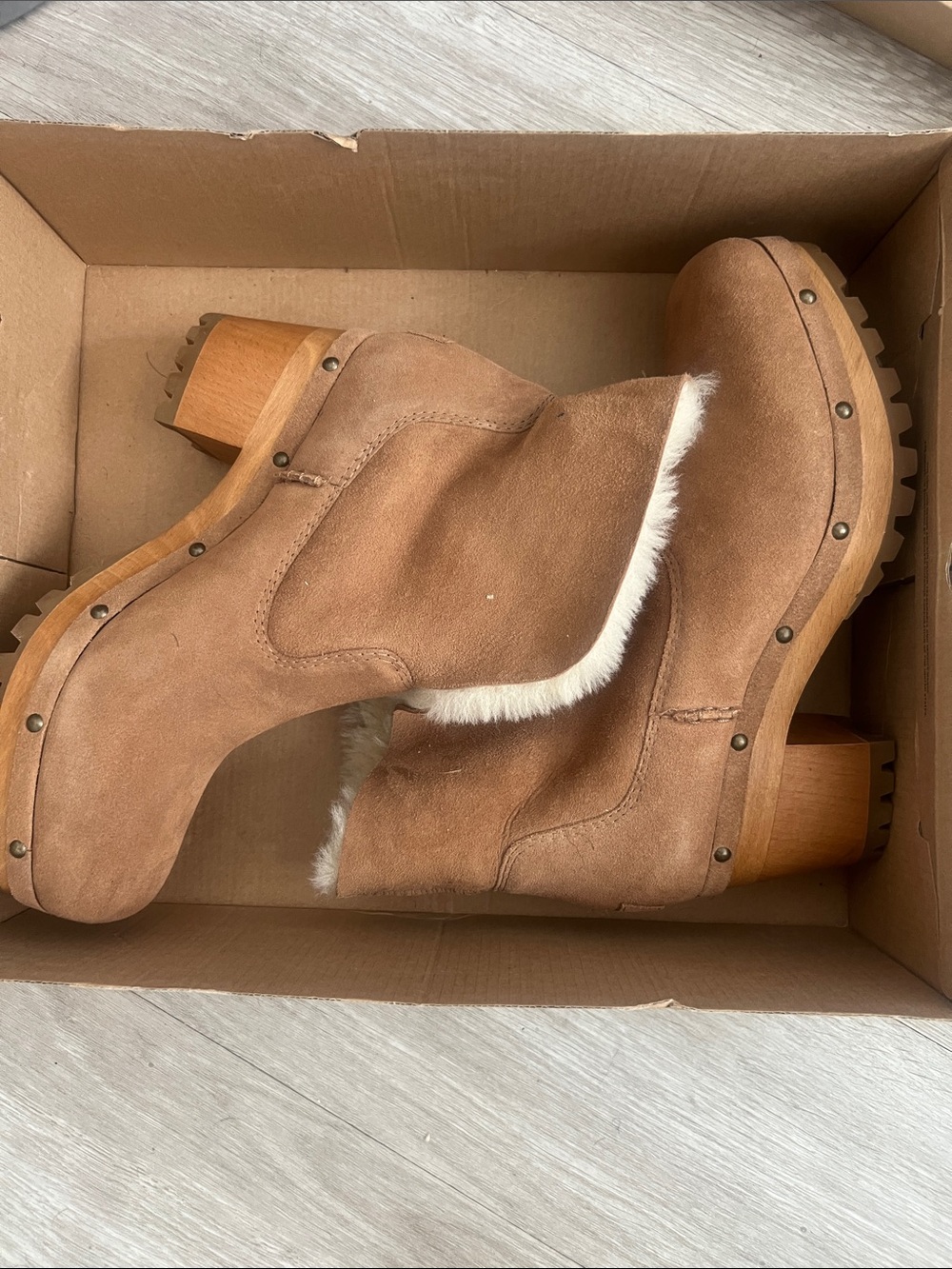 UGG Tan Suede Clog Heeled Boots with White Fur Trim